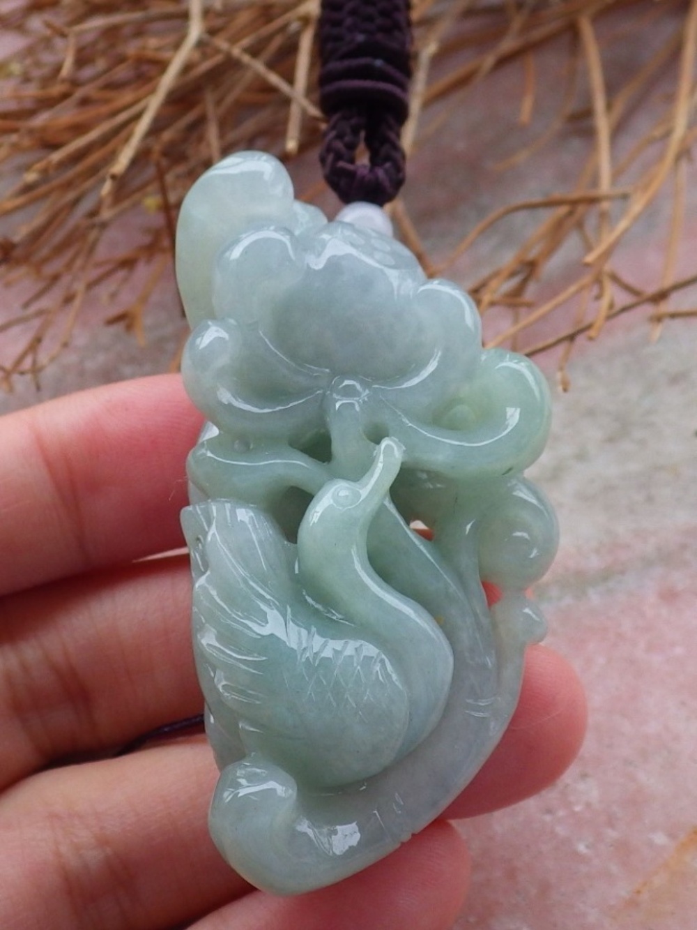 Certified Natural Burma A Jade jadeite Swan Duck Flower Lotus Pendant Necklace